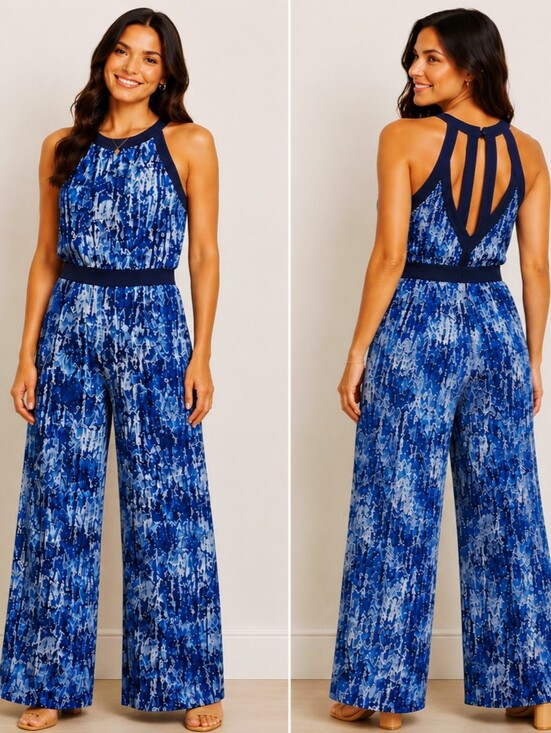Andree Pants - Andree One-piece Jumpsuit, Navy Blue & White Print, Navy Trim, Size Medium, NWOT